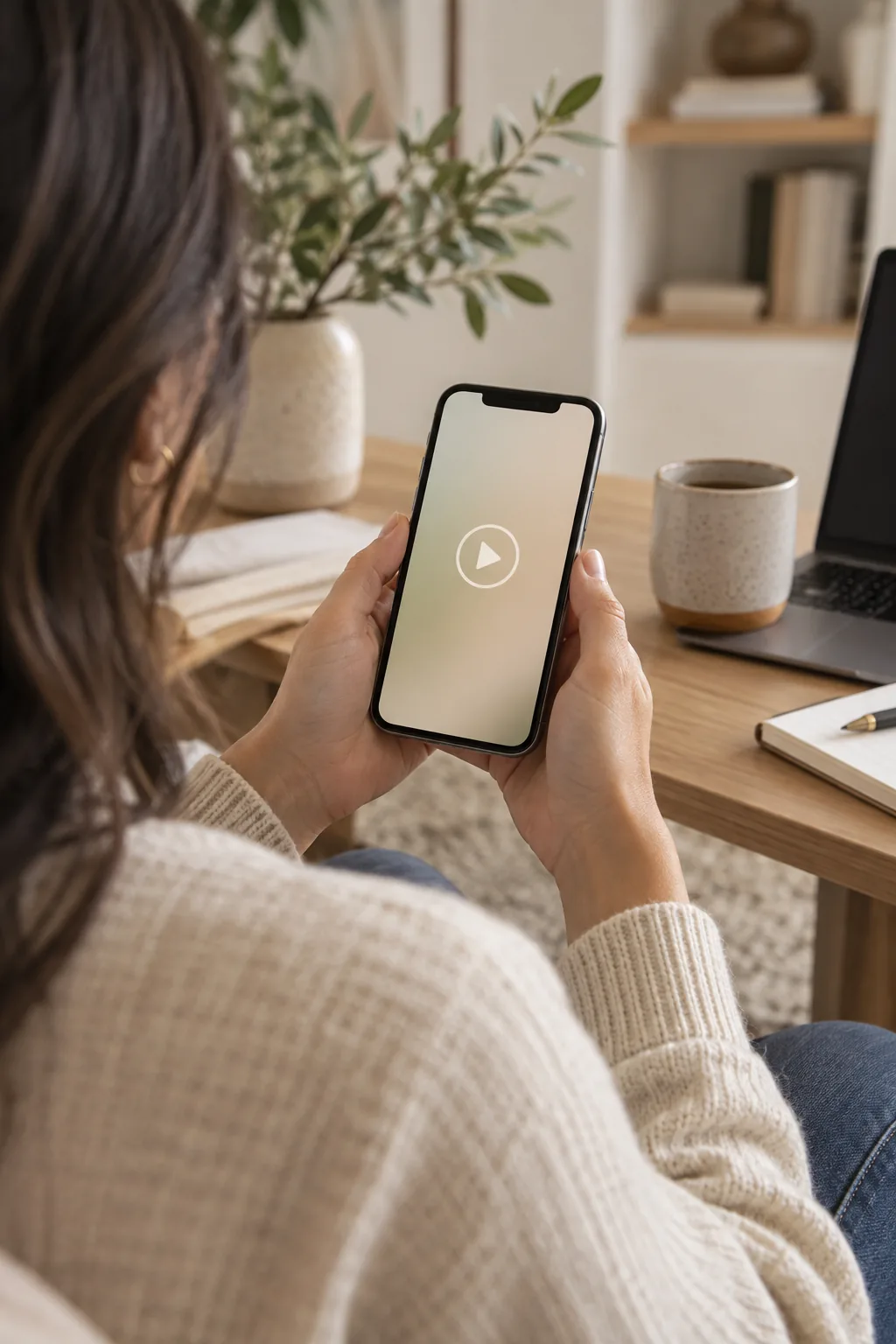 A person holding a phone with a blank screen and a simple play icon